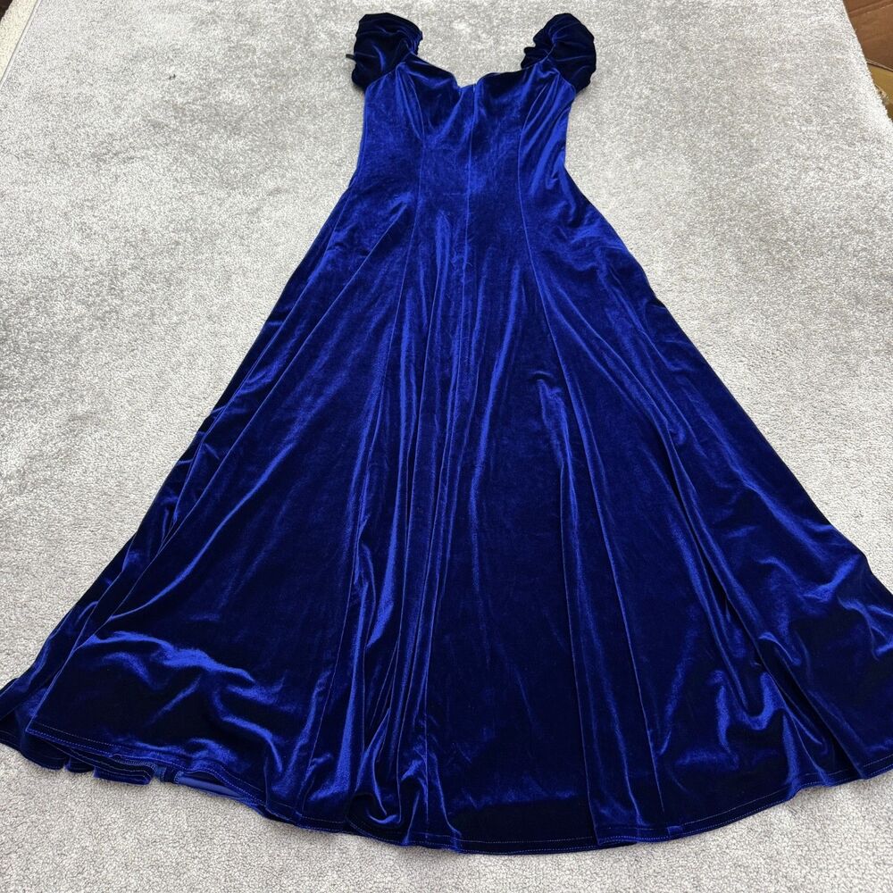 Vintage U'i No Off Shoulder Maxi Dress Women 13/14 Royal Blue Velvet Hawaii Made